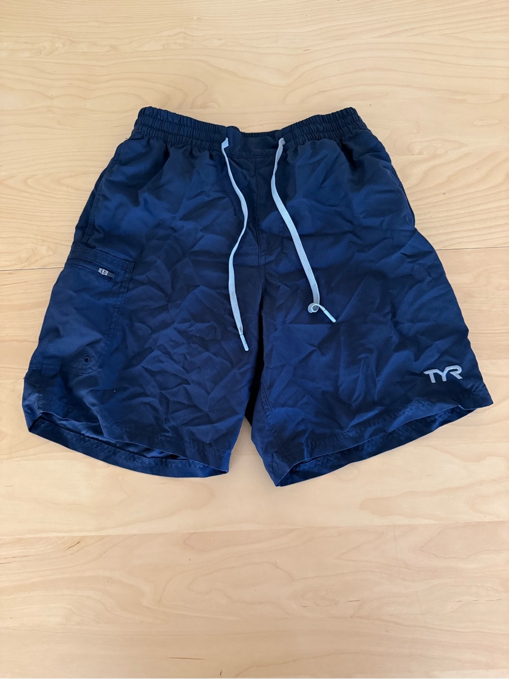 TYR Men's Navy Swim Trunks with Light Blue Drawstring